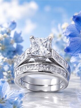 Silver Cubic Zirconia Princess Cut Bridal Ring Set - White size 9